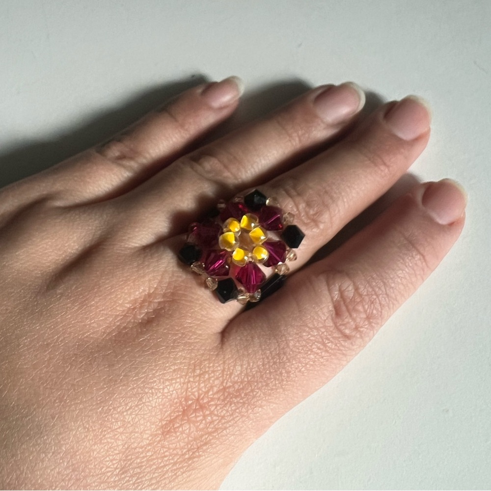 Floral Beaded Ring in Red, Yellow, and Black BUNDLE FOR DISCOUNTED SHIPPING